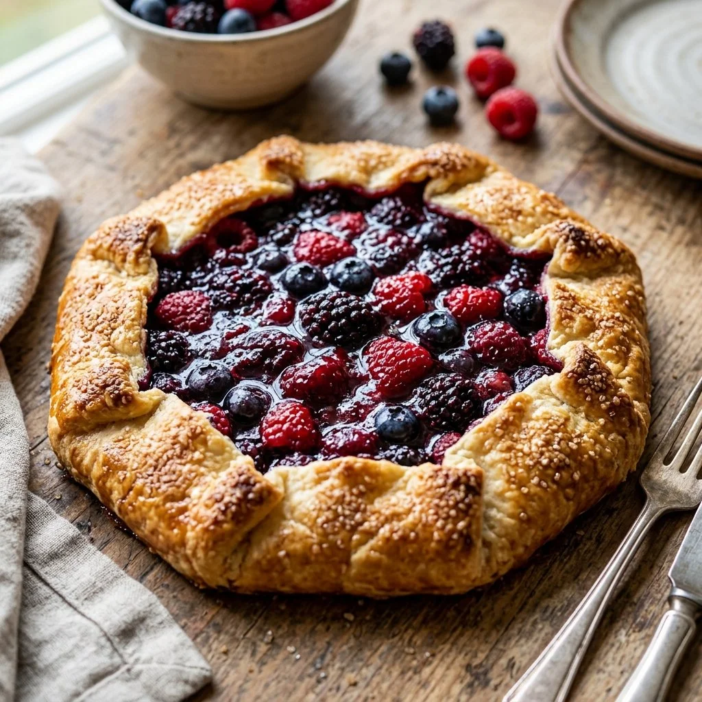 Homemade Berry Galette with fresh berries on a rustic pastry crust