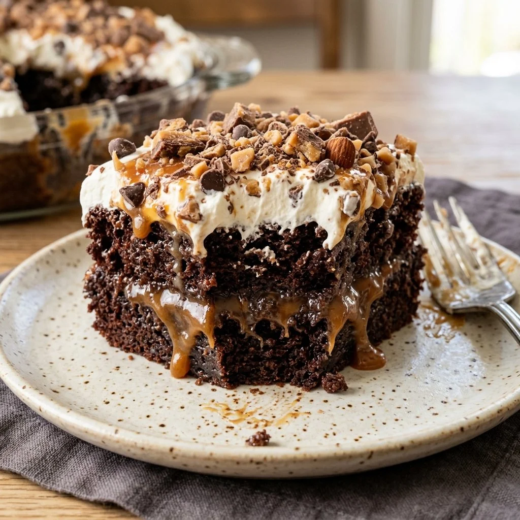 Decadent Better Than Sex Cake topped with chocolate and caramel sauce.