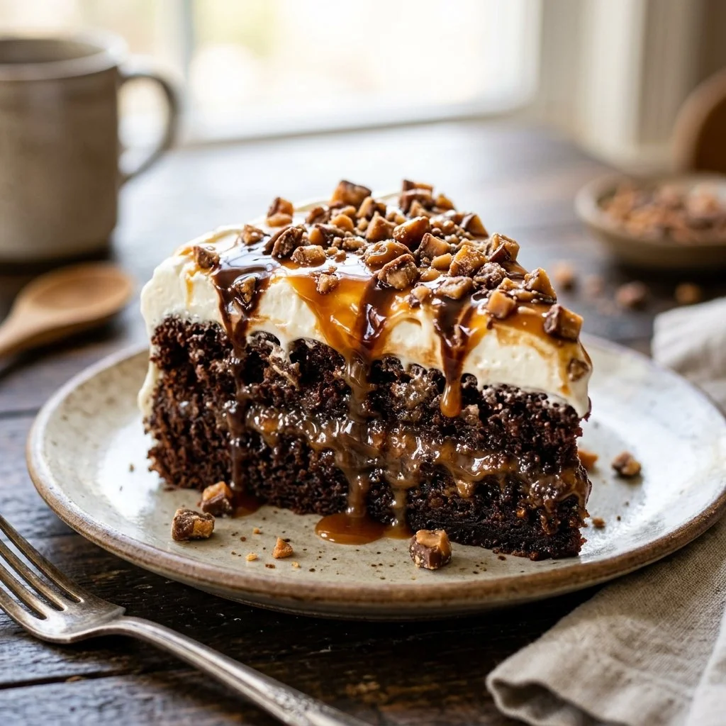 Delicious Better Than Sex Cake topped with chocolate and cream