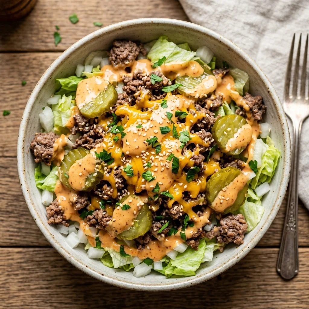 Big Mac Salad with fresh vegetables, lettuce, and special sauce on a plate