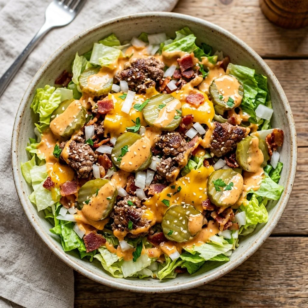 Big Mac Salad with lettuce, tomatoes, cheese, and special sauce in a bowl