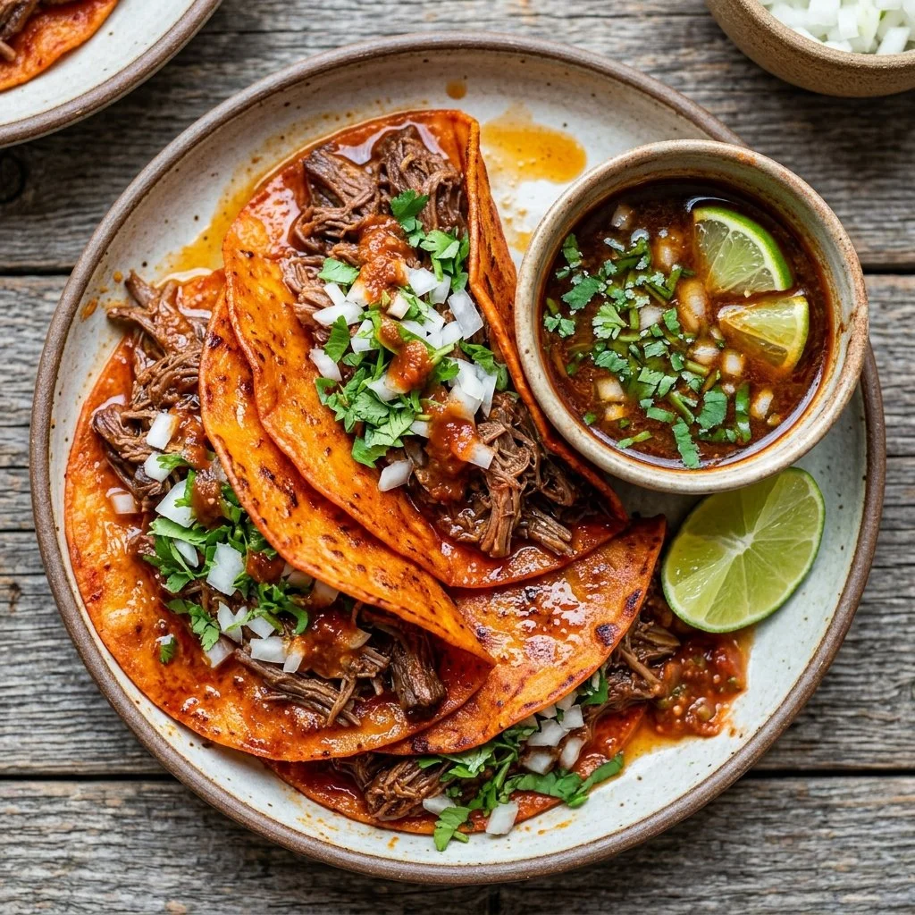 Plate of delicious Birria Tacos garnished with onions and cilantro