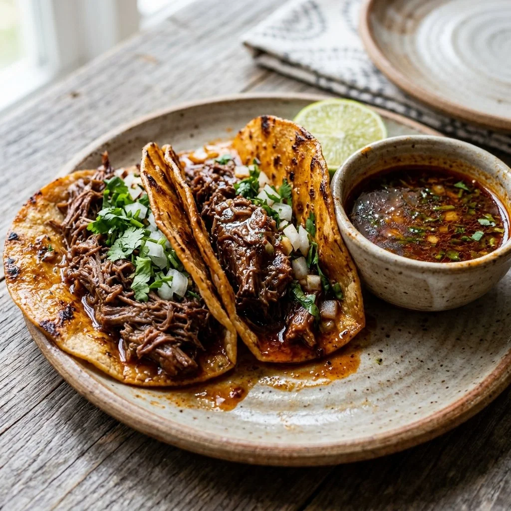 Delicious birria tacos with tender beef and flavorful consommé on a plate