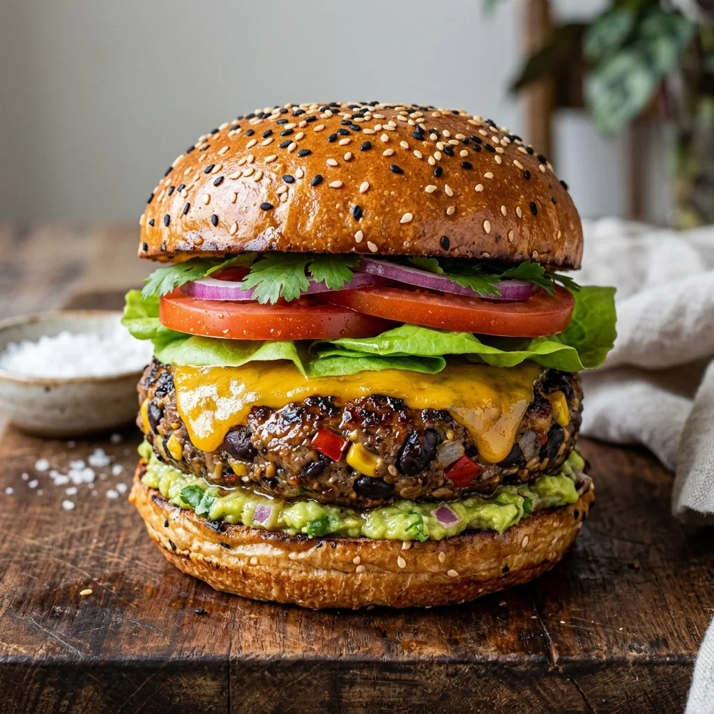 Homemade black bean burgers served with fresh toppings on a plate.