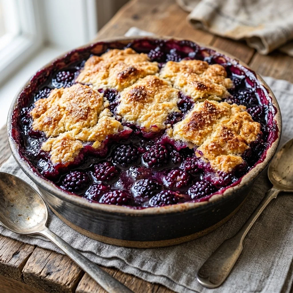 Delicious homemade Blackberry Cobbler with fresh blackberries and golden crust