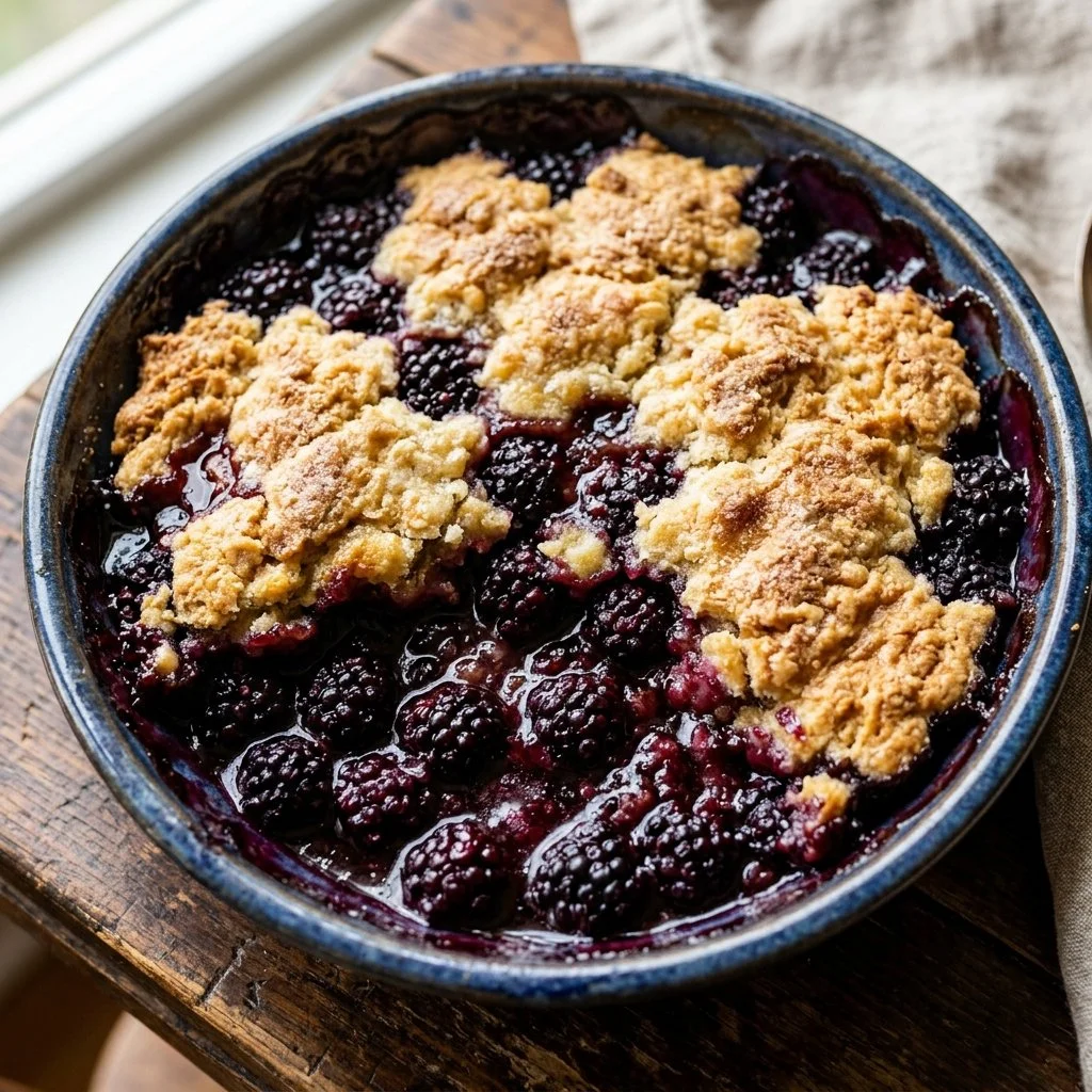 Delicious homemade blackberry cobbler fresh from the oven.