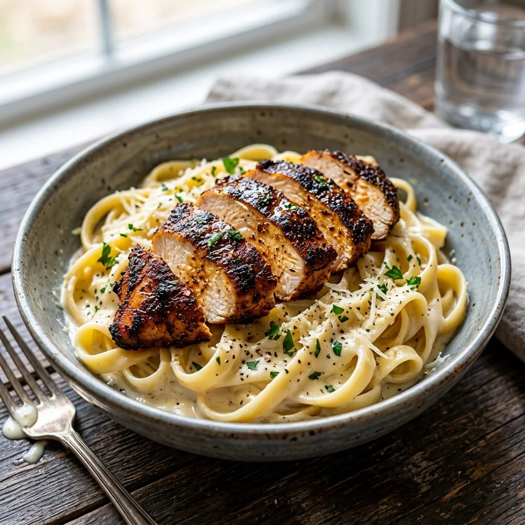 Delicious Blackened Chicken Alfredo served on a plate with creamy sauce and herbs.