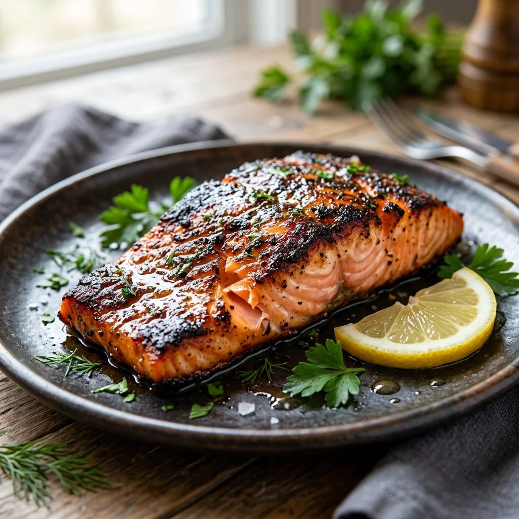 Delicious blackened salmon fillet on a plate with herbs and spices.