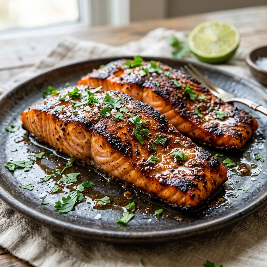 Delicious blackened salmon fillets seasoned and cooked to perfection