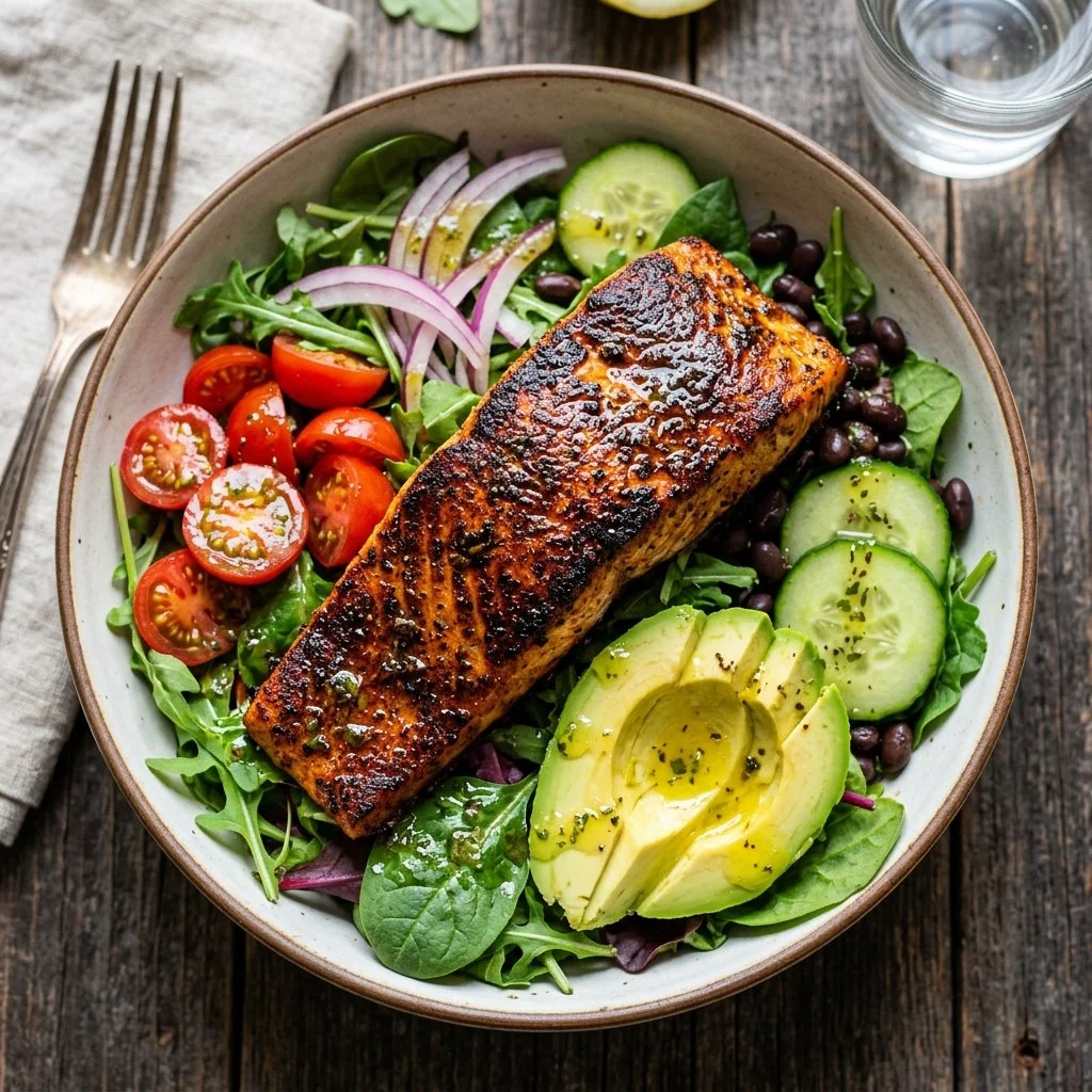 Delicious blackened salmon salad topped with fresh greens and dressing