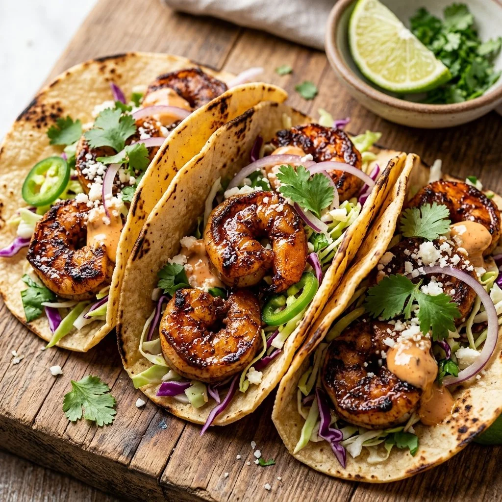 Delicious blackened shrimp tacos with fresh toppings and vibrant flavors.