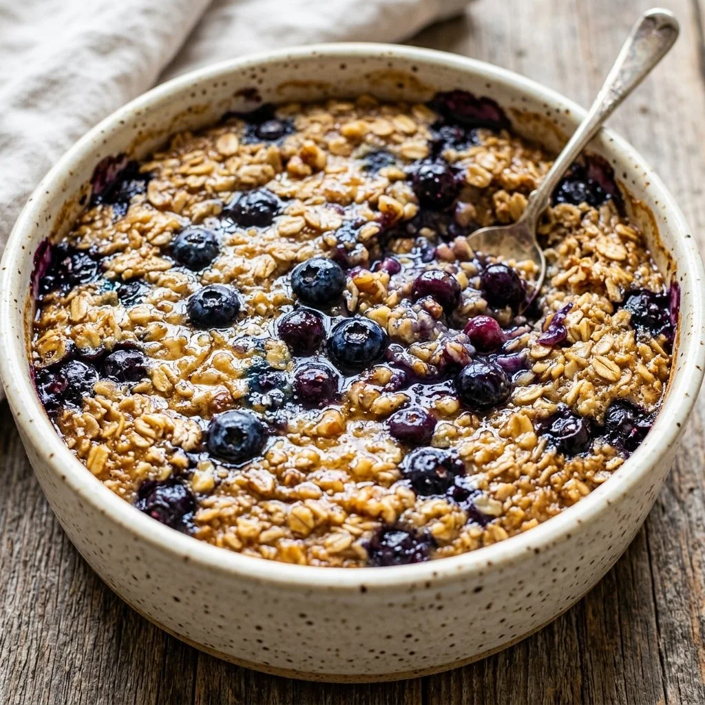 Freshly baked blueberry oatmeal in a serving dish topped with blueberries