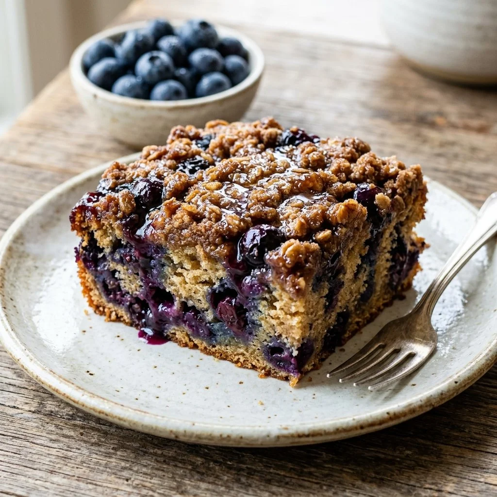 Delicious Blueberry Buckle dessert with fresh blueberries and crumbly topping.