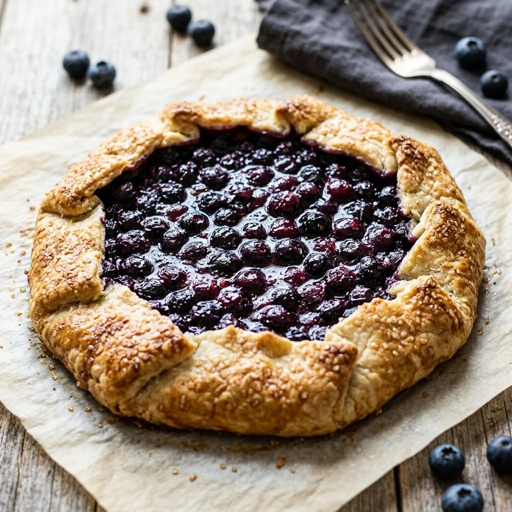 Homemade blueberry galette with fresh berries and a flaky crust