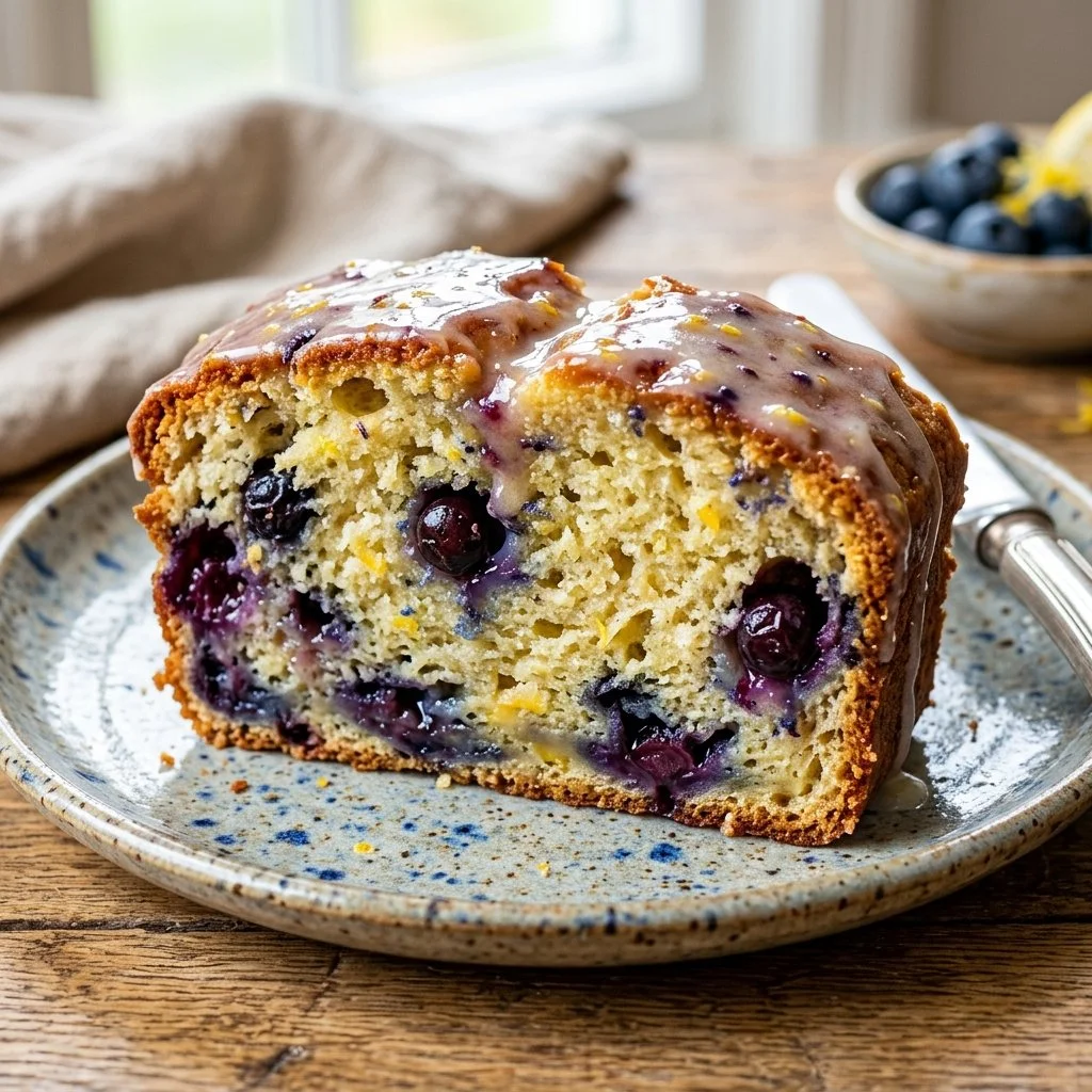Freshly baked Blueberry Lemon Bread with blueberries and lemon zest