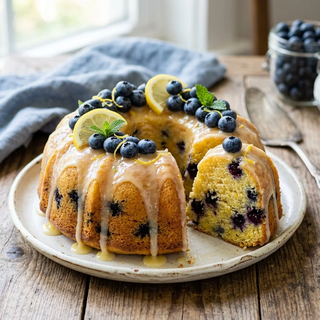 Delicious blueberry lemon cake topped with fresh blueberries and lemon zest