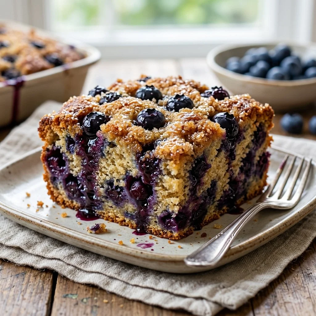 Delicious blueberry muffin cake topped with fresh blueberries