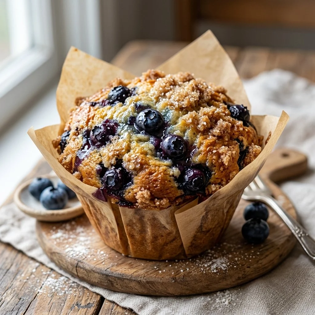 Freshly baked blueberry muffins on a wooden table