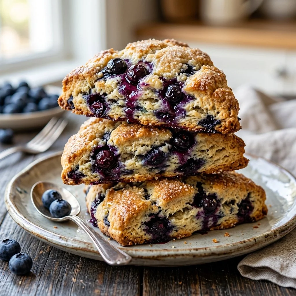 Freshly baked blueberry scones on a cooling rack