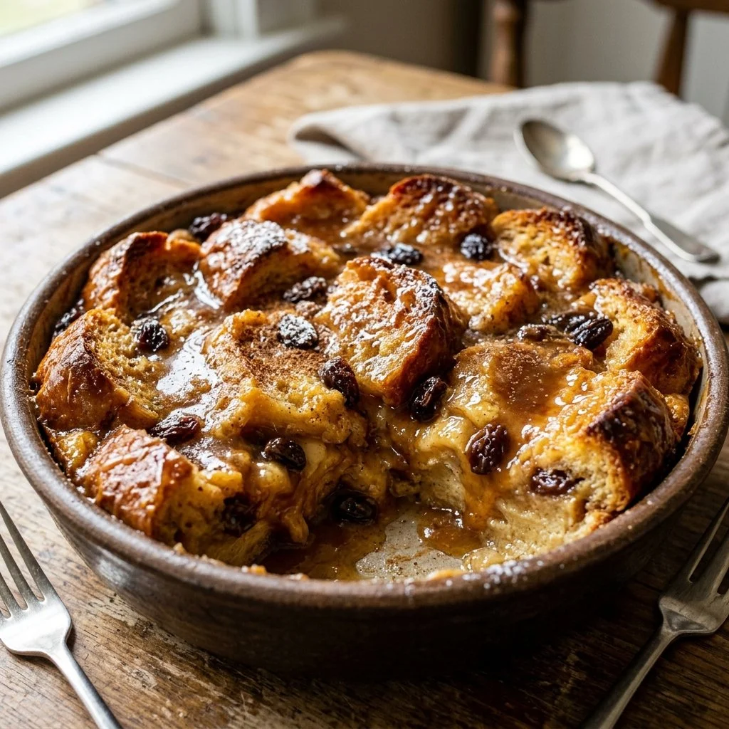 Delicious homemade bread pudding topped with a creamy sauce and served warm.