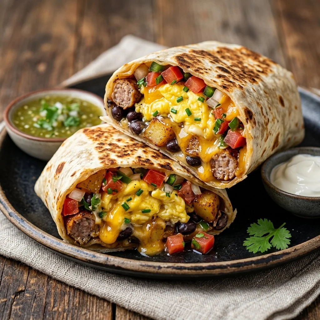 Delicious breakfast burritos filled with eggs, cheese, and fresh veggies.