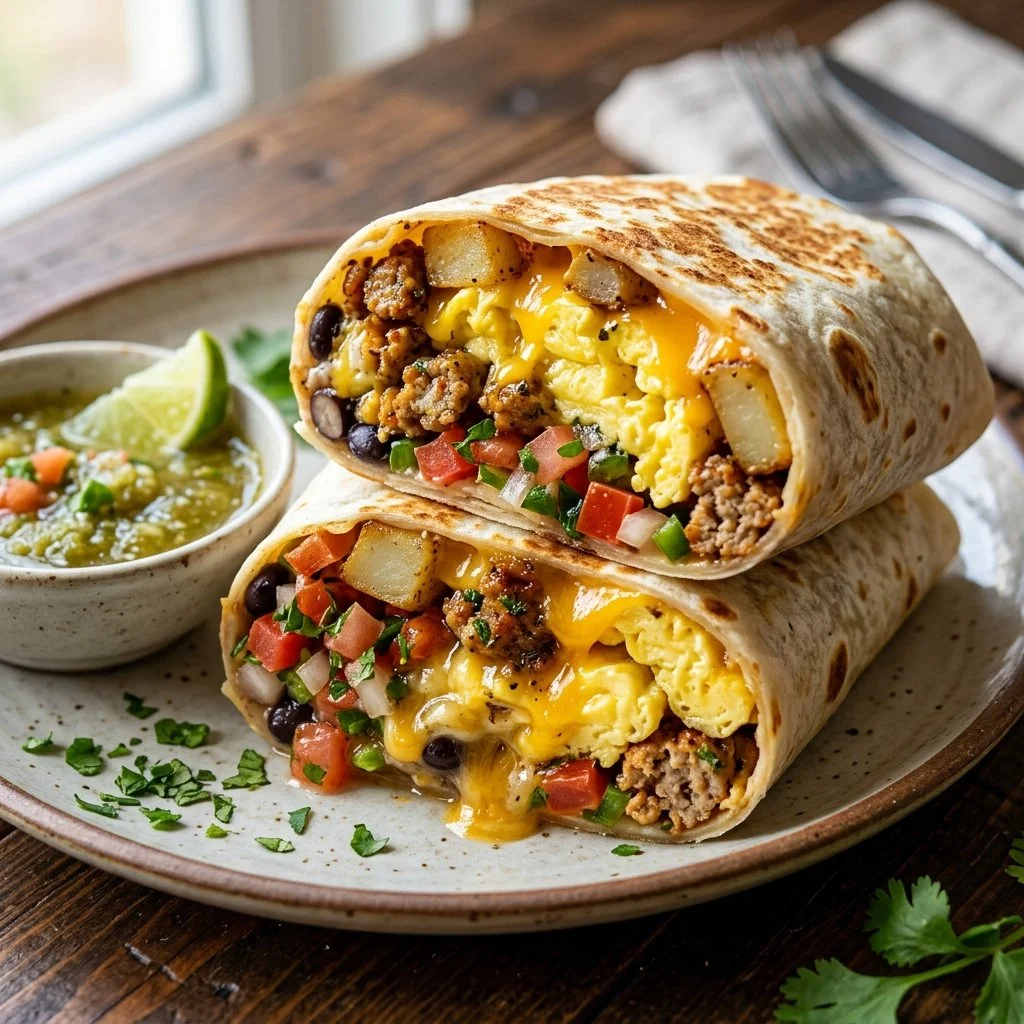 Assorted breakfast burritos with eggs, cheese, and fresh vegetables