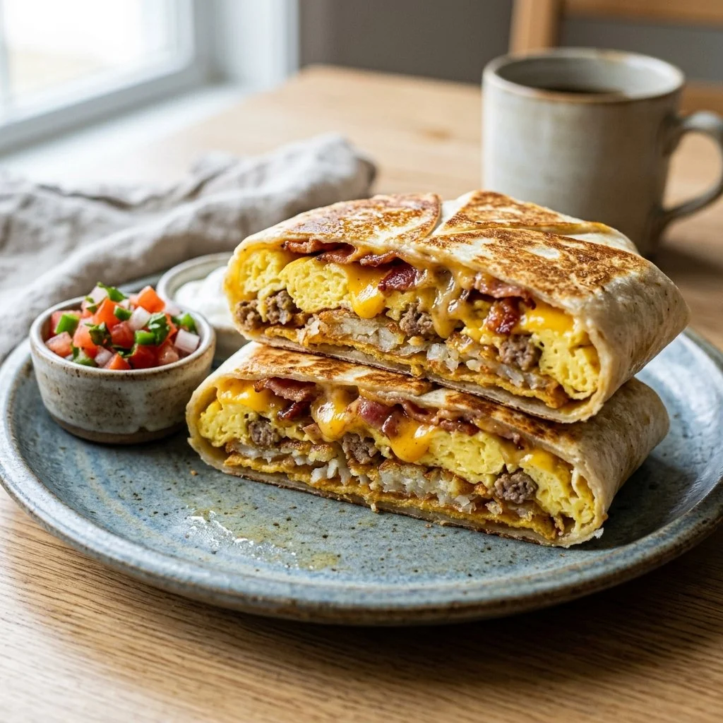 Breakfast Crunchwrap with eggs, cheese, and delicious toppings