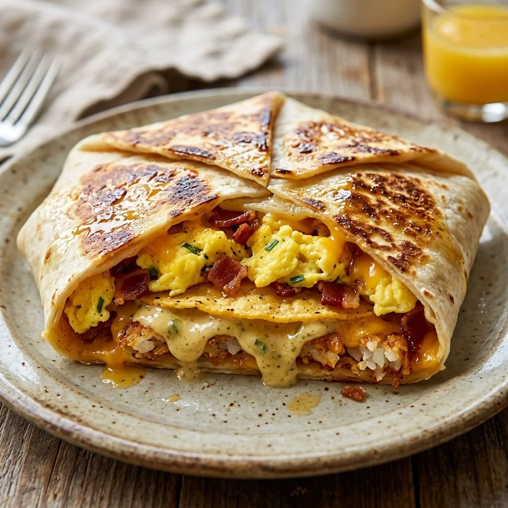 Breakfast Crunchwrap Supreme with eggs, cheese, and sausage wrapped in a tortilla