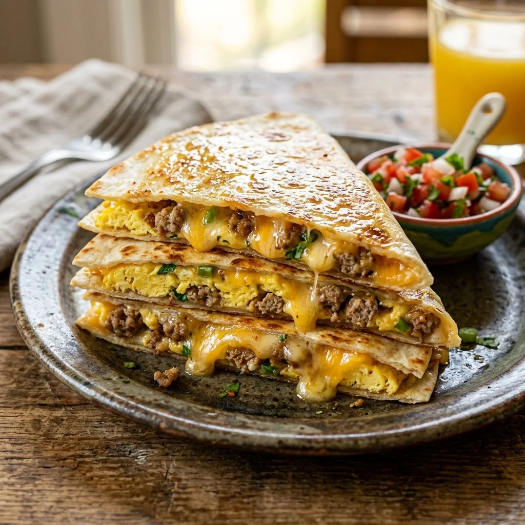 Delicious breakfast quesadillas filled with eggs, cheese, and vegetables