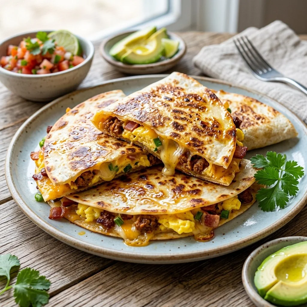 Delicious breakfast quesadillas filled with eggs, cheese, and veggies.