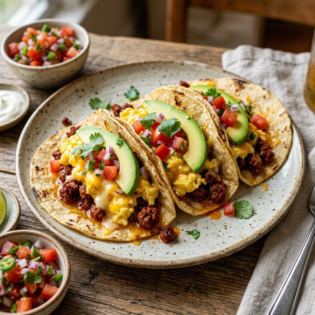 Delicious breakfast tacos filled with eggs, cheese, and fresh toppings.
