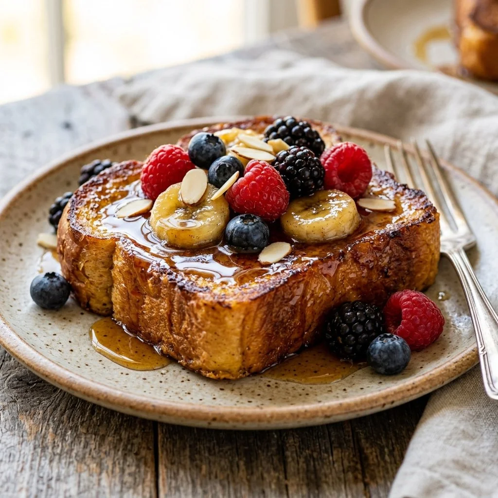 Delicious Brioche French Toast topped with syrup and berries