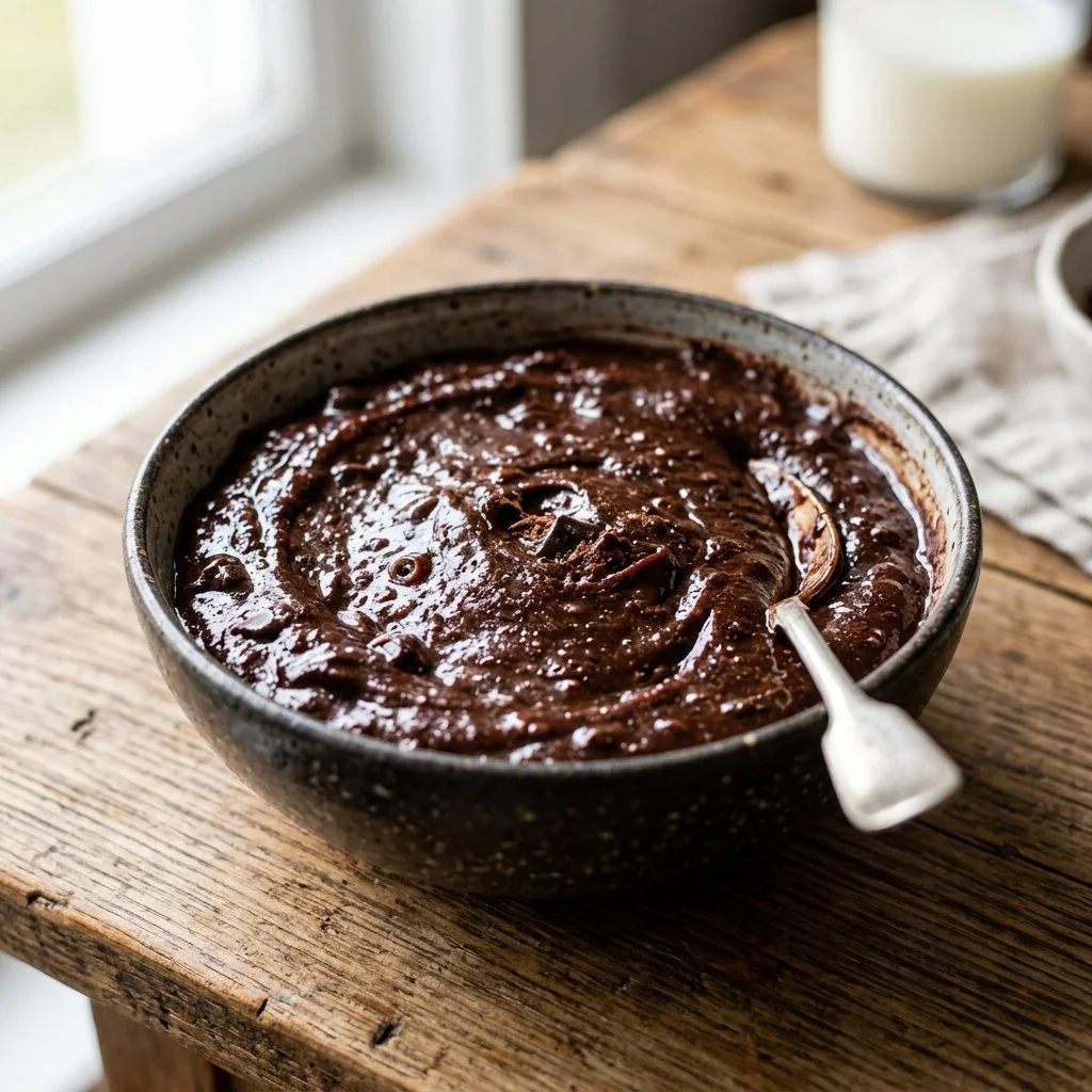 Delicious brownie batter dip served in a bowl with a dipper