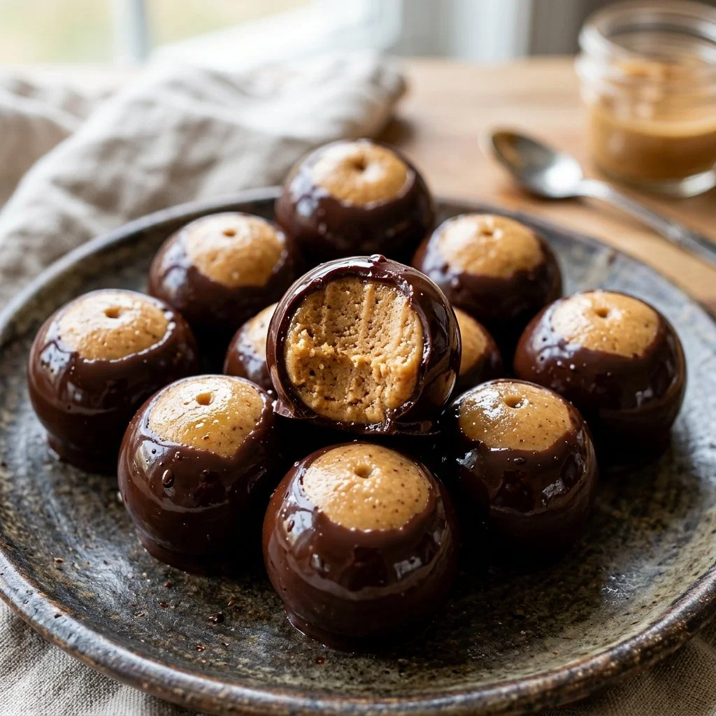 Delicious Buckeye Balls made with peanut butter and chocolate coating.