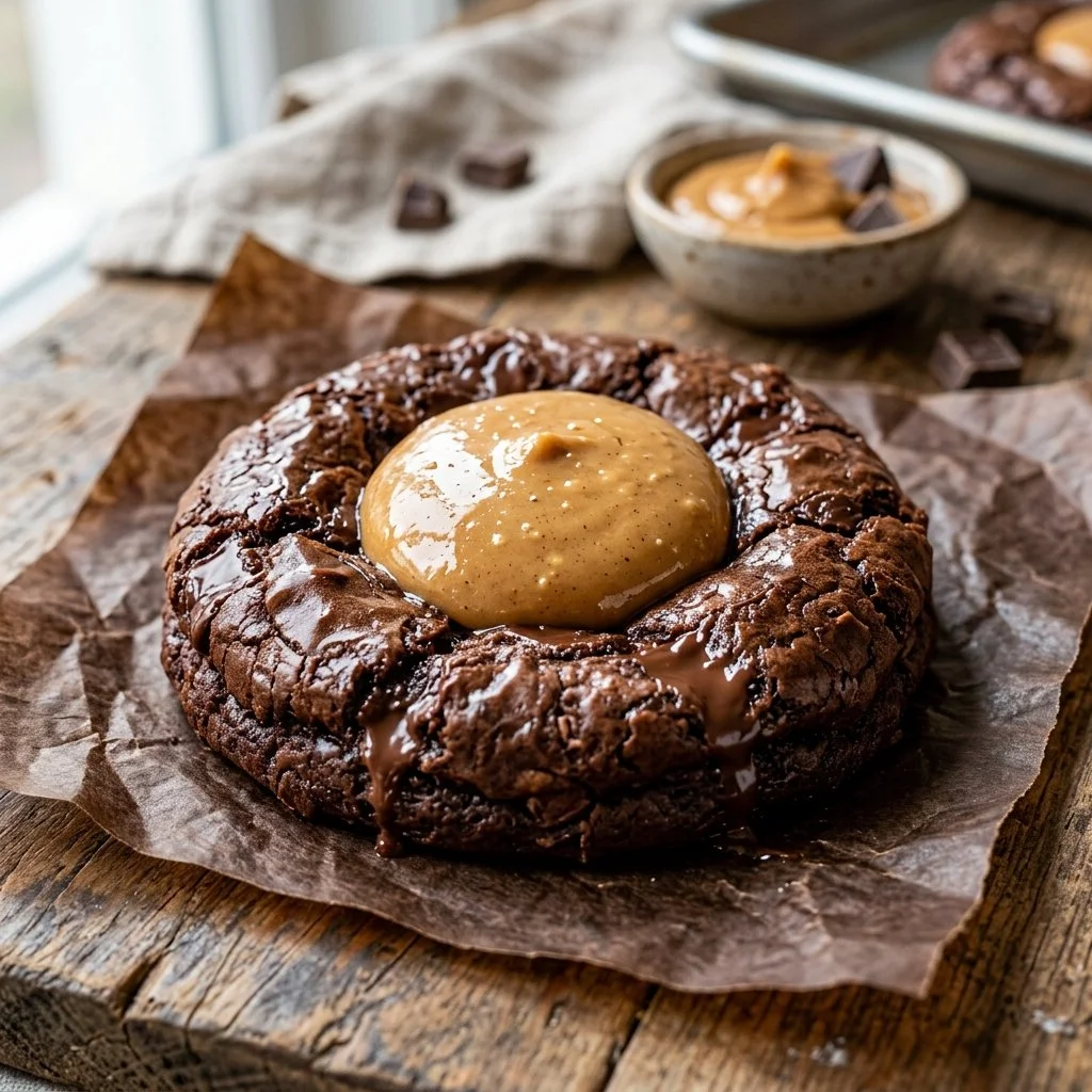 Delicious Buckeye Brownie Cookies topped with creamy peanut butter swirl