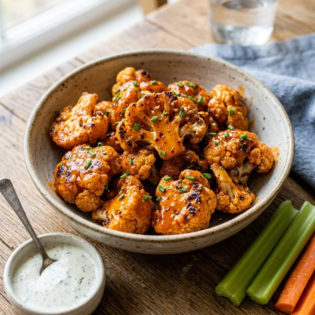 Crispy Buffalo Cauliflower Wings served with dipping sauce