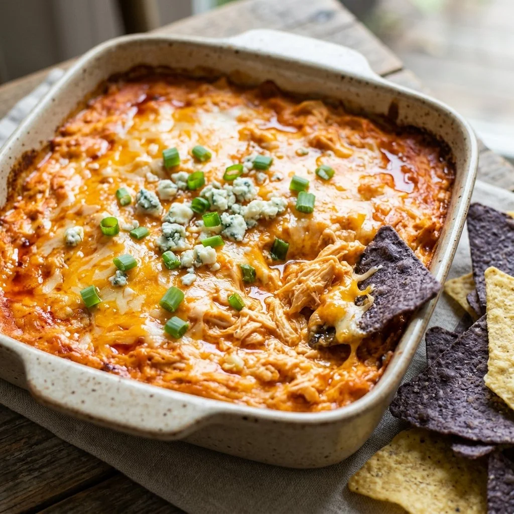 Delicious Buffalo Chicken Dip served in a bowl with tortilla chips on the side.