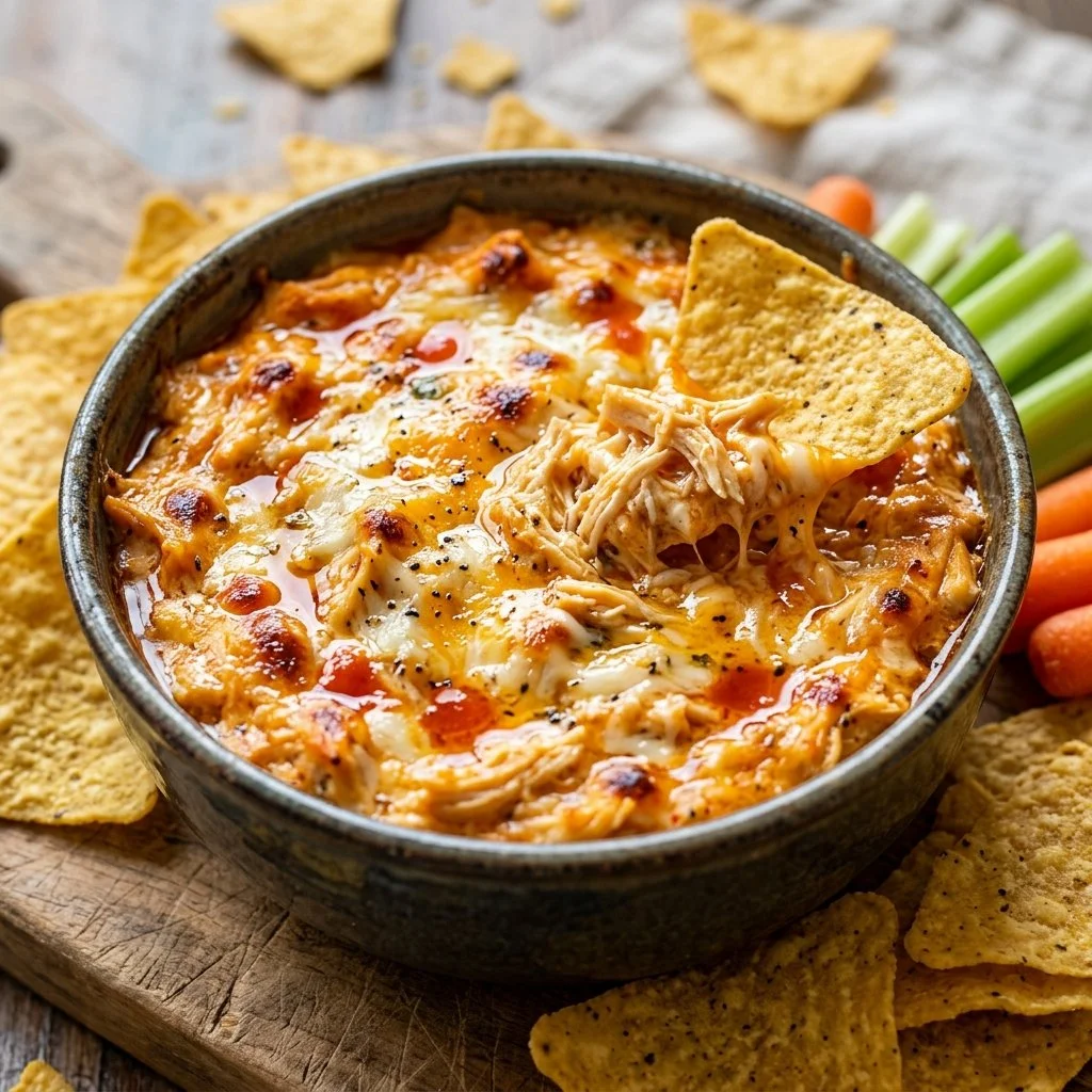 Delicious Buffalo Chicken Dip served in a bowl with chips