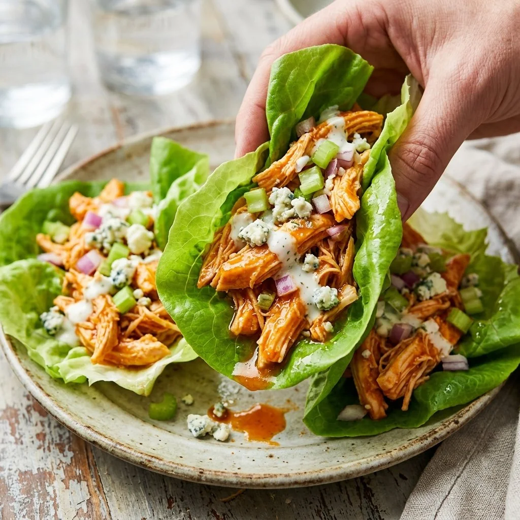 Buffalo Chicken Lettuce Wraps served on a plate with dipping sauce