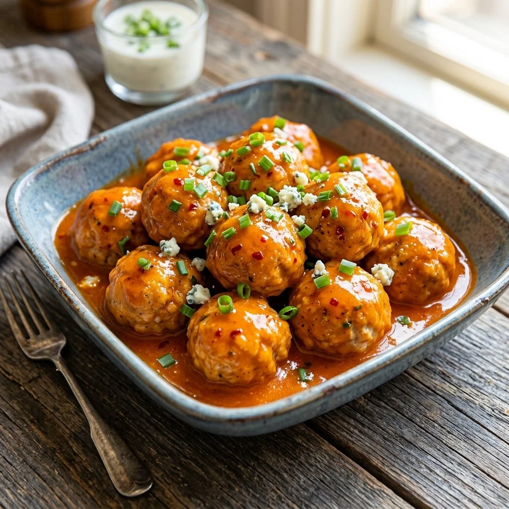 Buffalo Chicken Meatballs served with dipping sauce