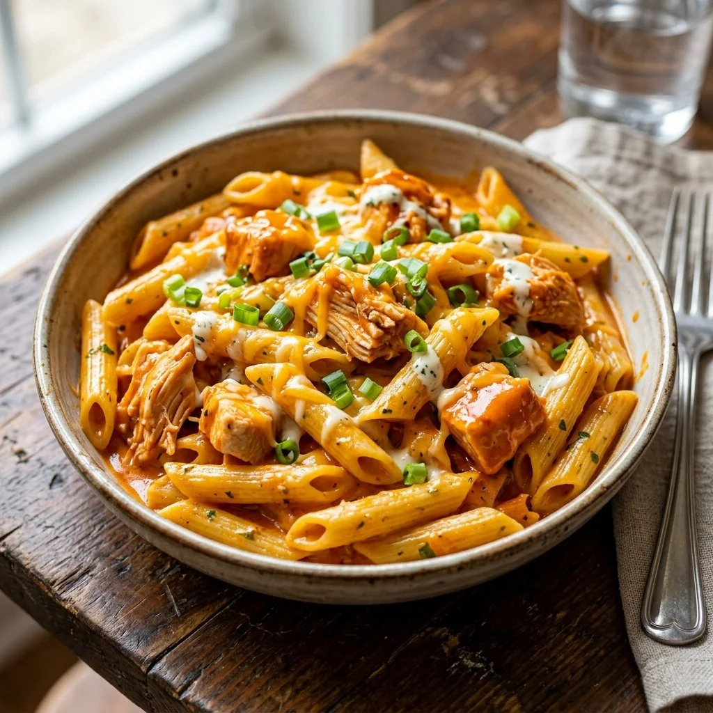 Creamy Buffalo Chicken Pasta served with herbs and fresh vegetables