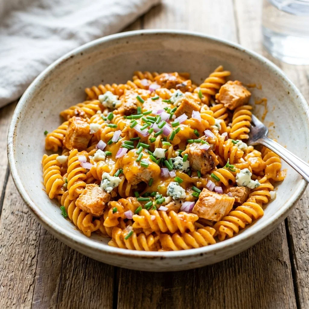 A plate of creamy Buffalo Chicken Pasta garnished with green onions and blue cheese.