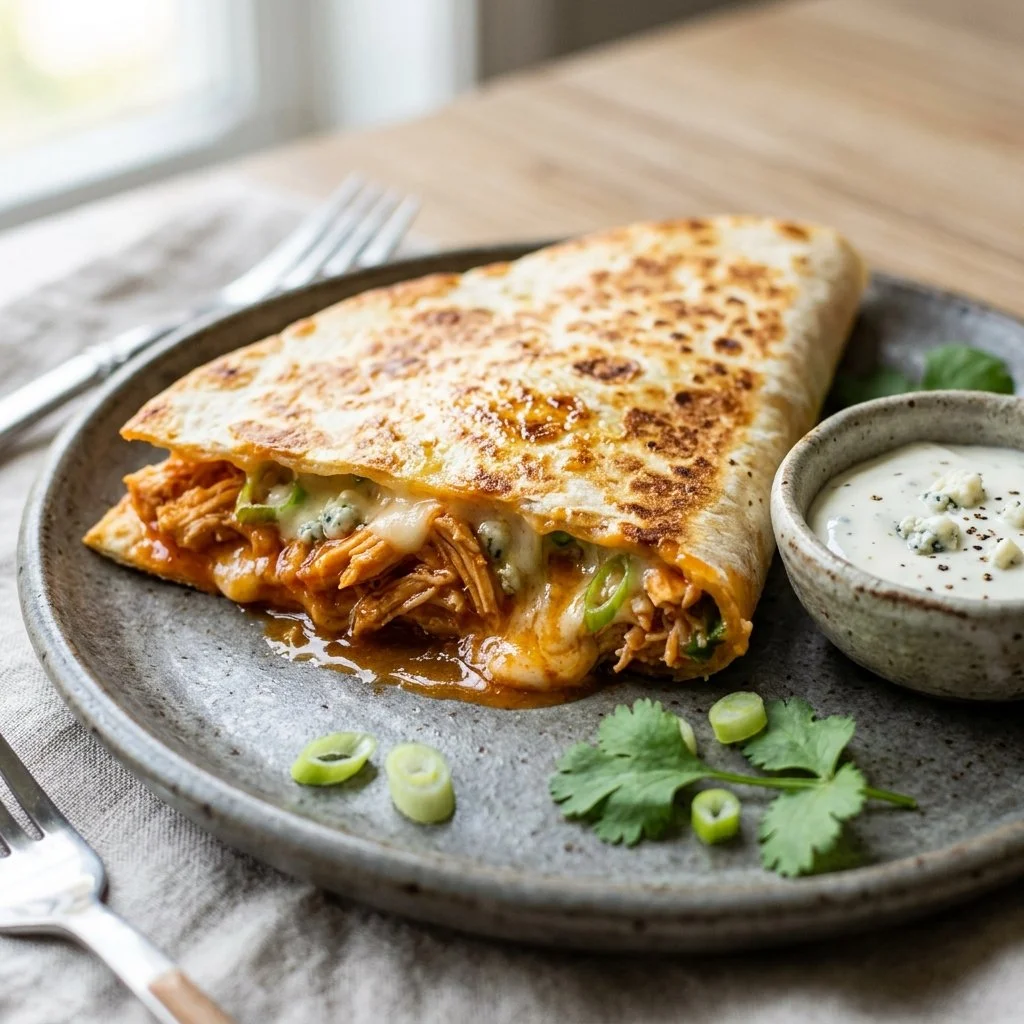 Delicious Buffalo Chicken Quesadillas served with dipping sauce