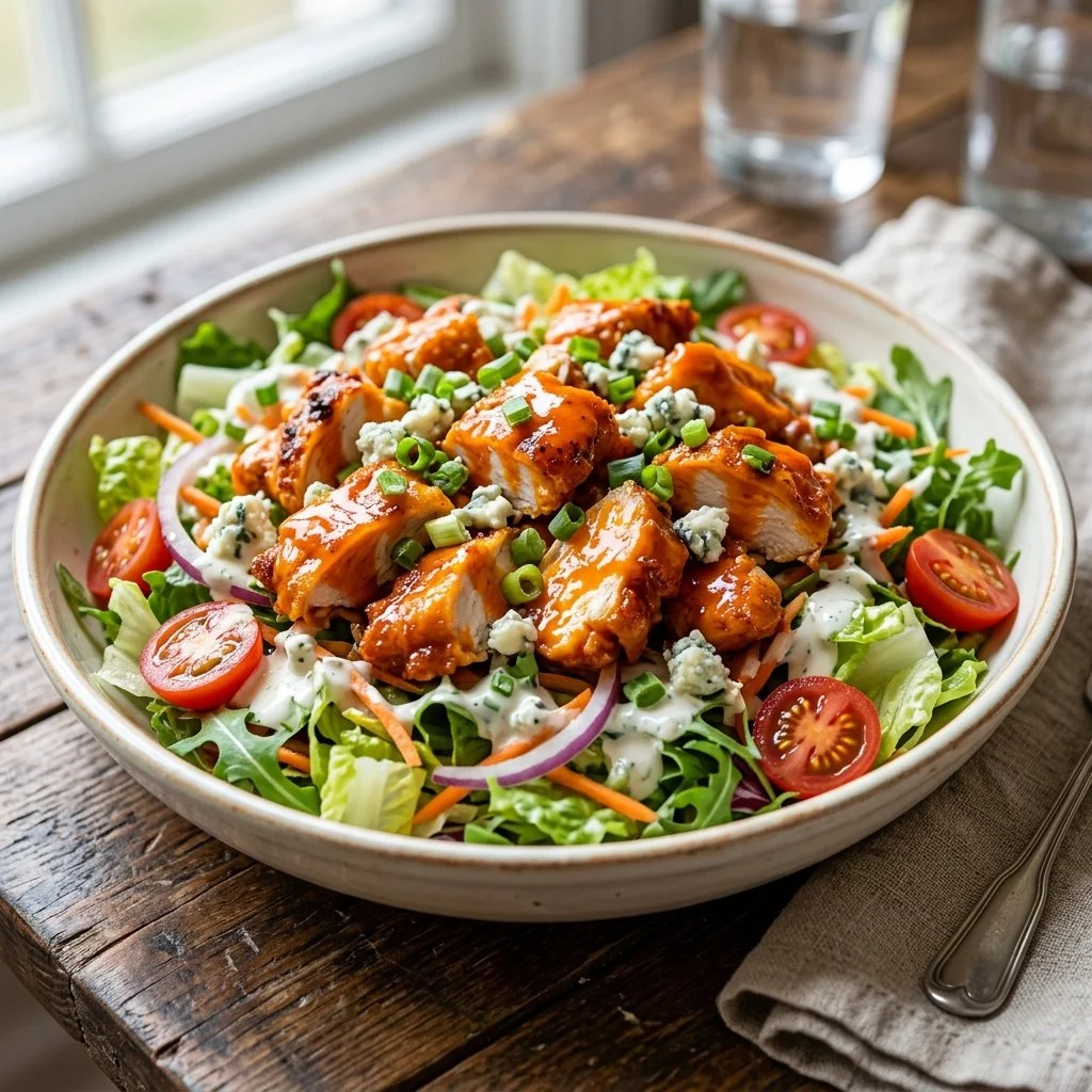 Bowl of flavorful Buffalo Chicken Salad topped with fresh vegetables and blue cheese.