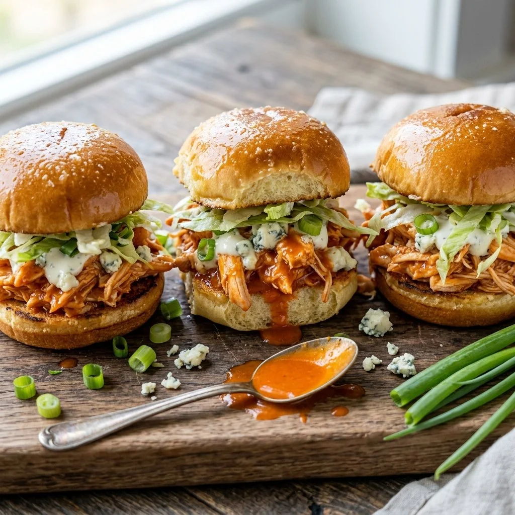 Buffalo Chicken Sliders topped with celery and ranch dressing on a serving platter