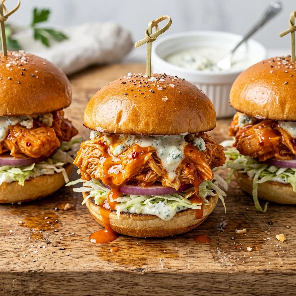 Buffalo Chicken Sliders served with sauce and garnishes on a platter