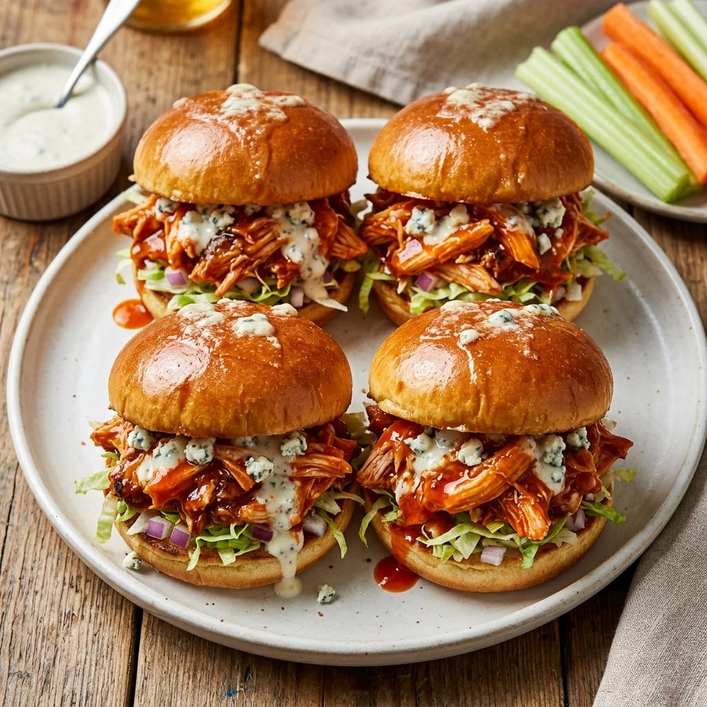 Delicious Buffalo Chicken Sliders served on a platter with dipping sauce