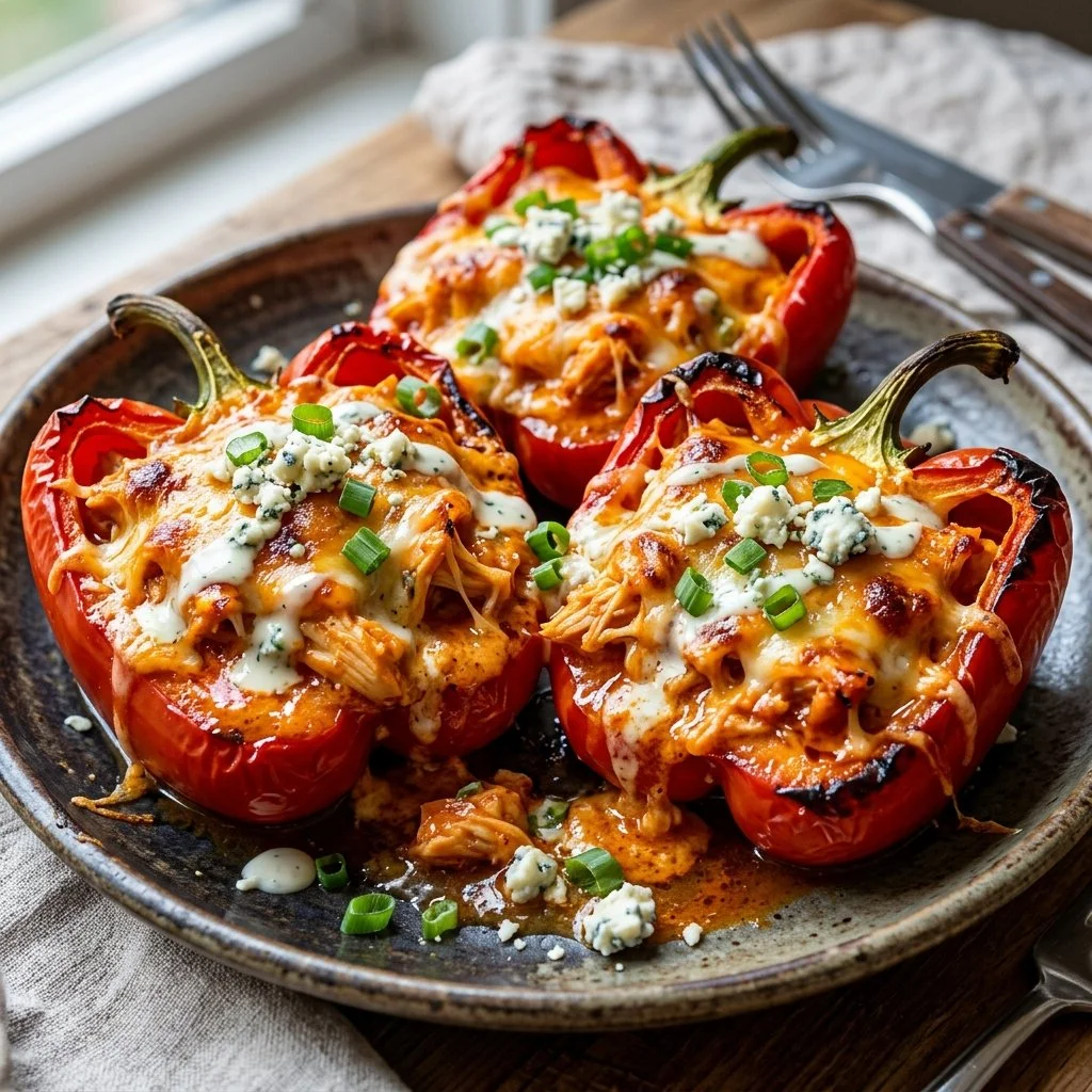 Buffalo chicken stuffed peppers on a plate with fresh ingredients.