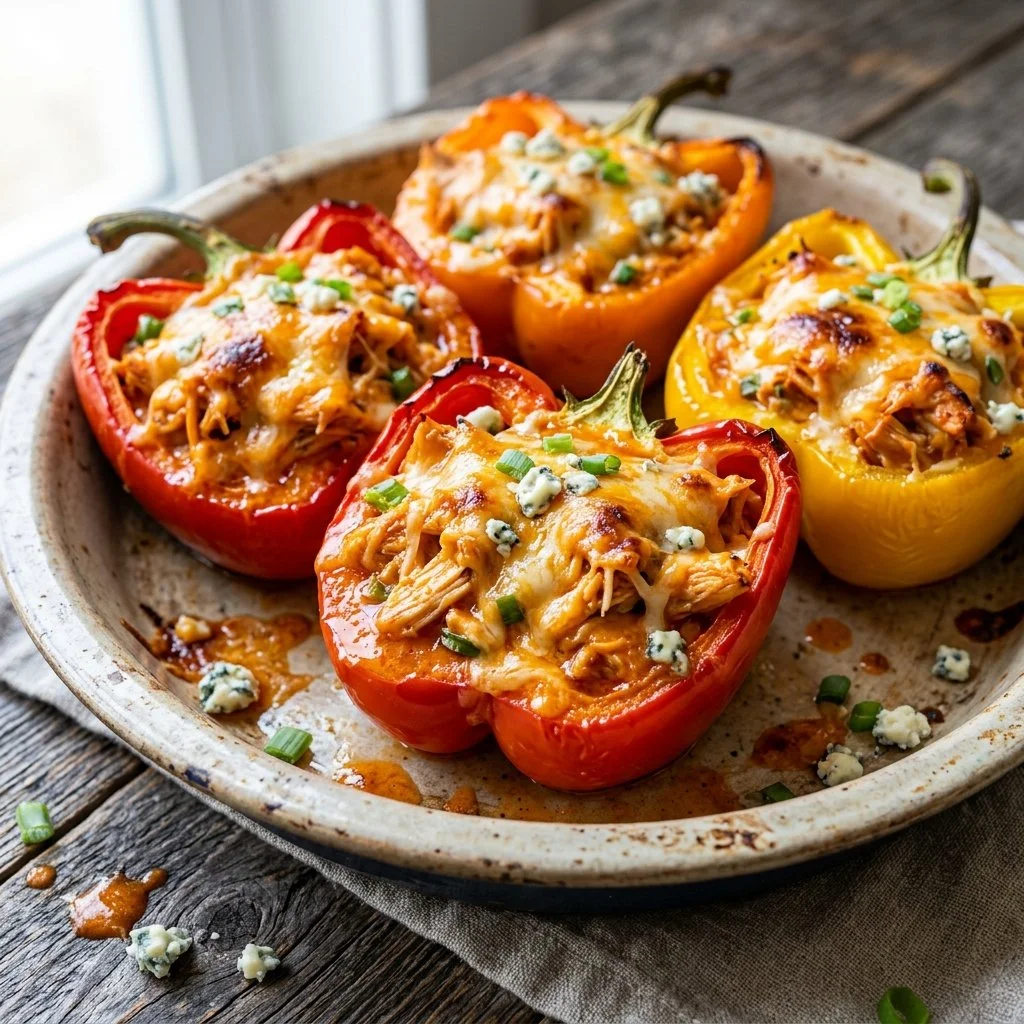 Buffalo Chicken Stuffed Peppers, a delicious spicy meal with bell peppers and chicken.