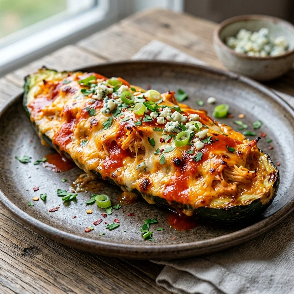 Buffalo chicken stuffed zucchini topped with cheese and herbs